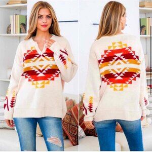 Izzy Brand Sweater, Cream Burgundy Mustard Red Southwestern Aztec Pattern Size S